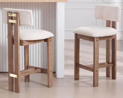 Set of 4 Beige Linen Upholstered Bar Height Stools with Hardwood Frame F283047