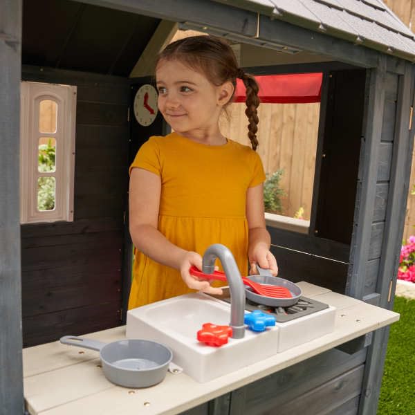 Wooden Playhouse with Working Doorbell, Fence, Kitchen and Pet Door M721348