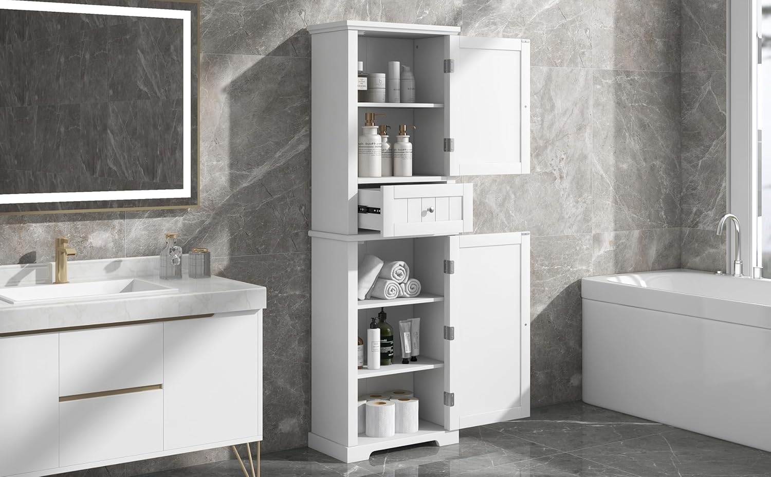 White Tall Linen Bathroom Storage Cabinet with 2 Doors and 1 Drawer L846932