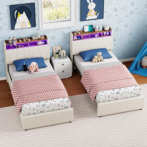 Beige Twin Upholstered Platform Bed Frame with 2 Storage Drawers and LED Lights G138