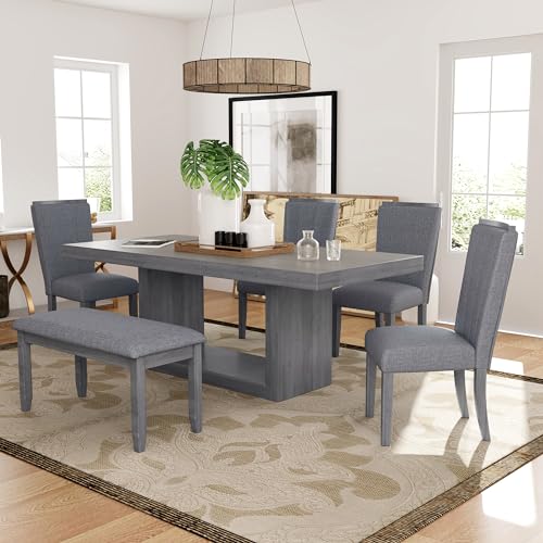 6-piece Dining Table Set of 4 Upholstered Chairs & 1 Bench with 78inch Extendable Pedestal, Beige X9471