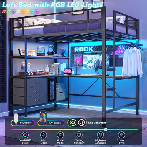 Full Size Loft Bed with L-Shaped Desk and Charging Station Metal Bed Frame with LED Lights B38506