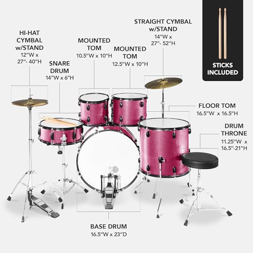 5-Piece Full Size Complete Adult Drum Set with Cymbal Stands, Stool, Drum Pedal, Sticks, Floor Tom - Dark Blue Sparkle C54825