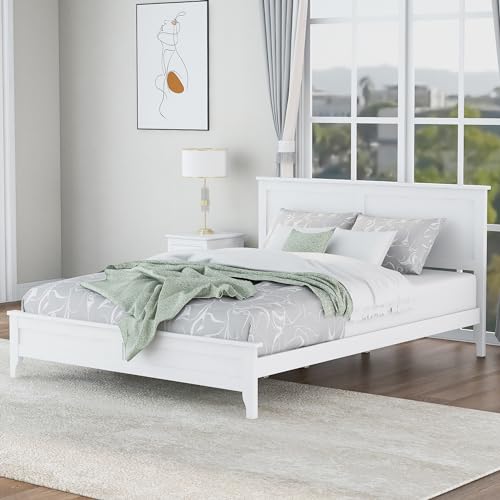 White Queen Wood Platform Bed Frame with Headboard N145