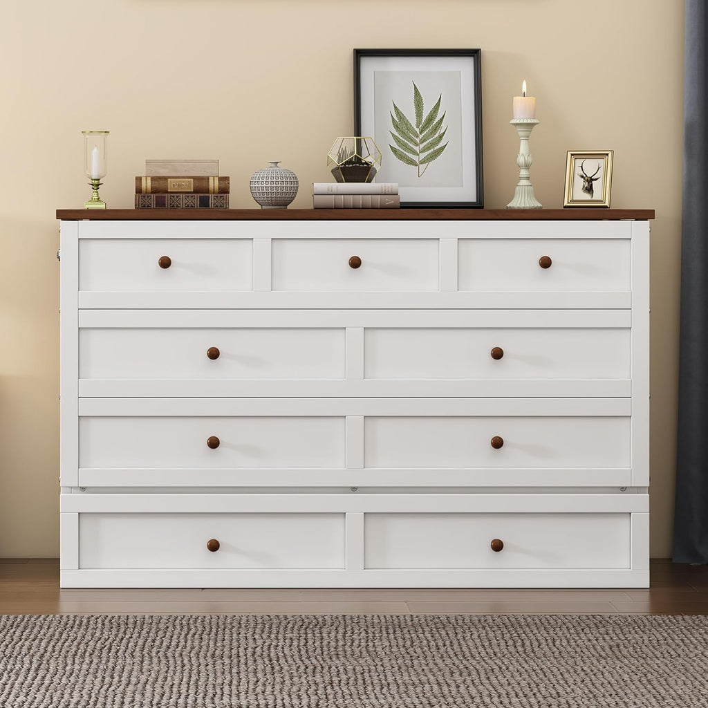 White Walnut Wood Queen Murphy Bed with Storage Drawers M753