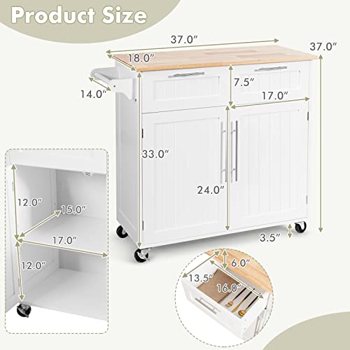 White Rolling Kitchen Island Cart with Storage and Lockable Wheels L1946