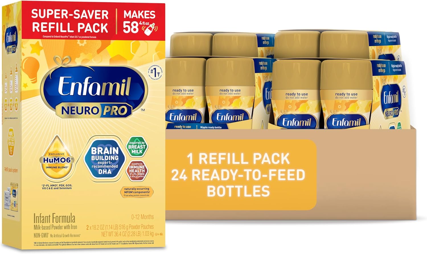 Baby Formula, Non-GMO, 36.4 Oz Refill Box + 8 Fl Oz Liquid (24 Count) K4596