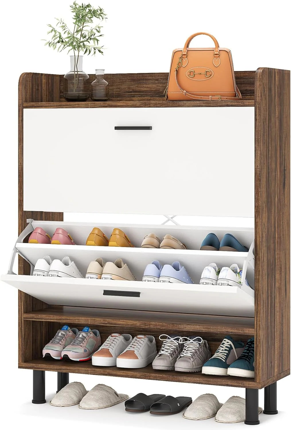 2-Tier Shoe Storage Cabinet with Flip Doors (Brown) K58245