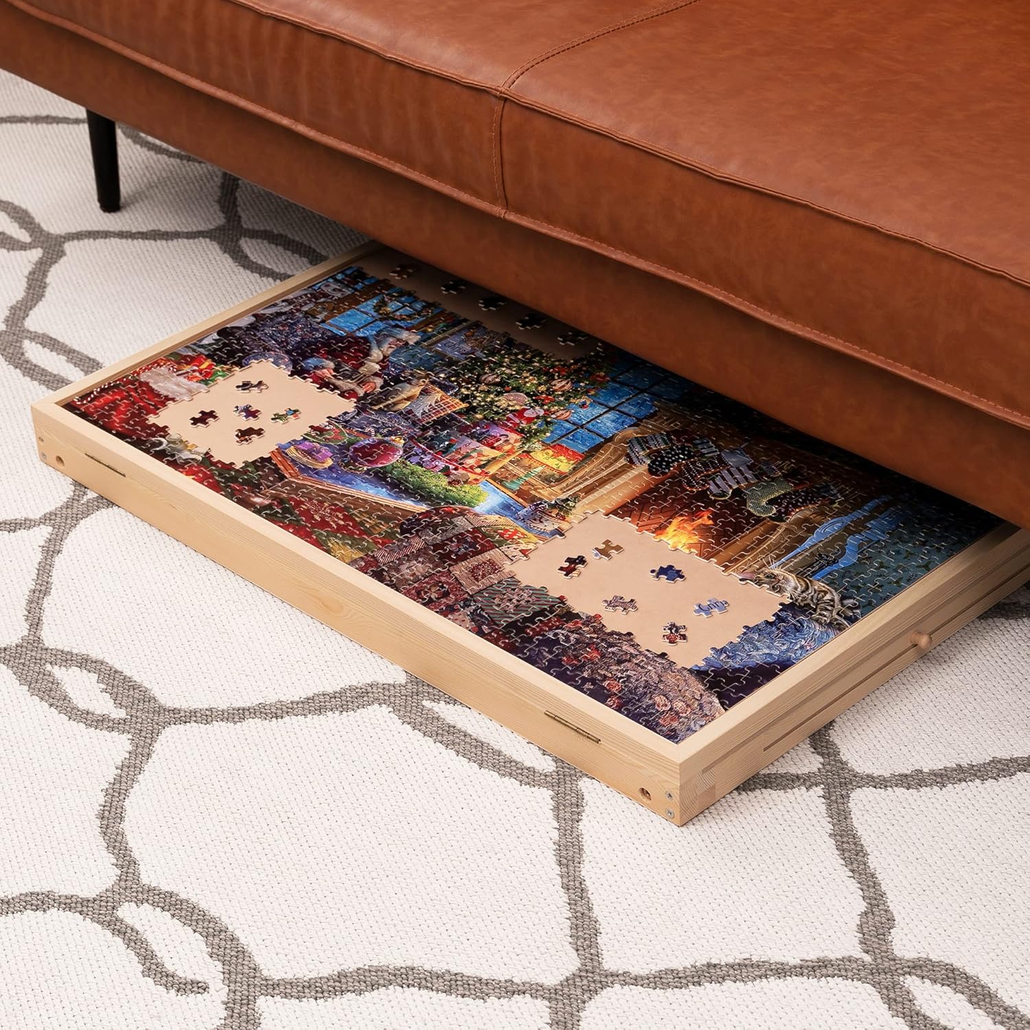 Tilting Puzzle Table with 2 Drawers, Adjustable Jigsaw Puzzle Board, Portable Wooden Puzzle Plateau with Folding Legs & Non-Slip Tabletop J978861
