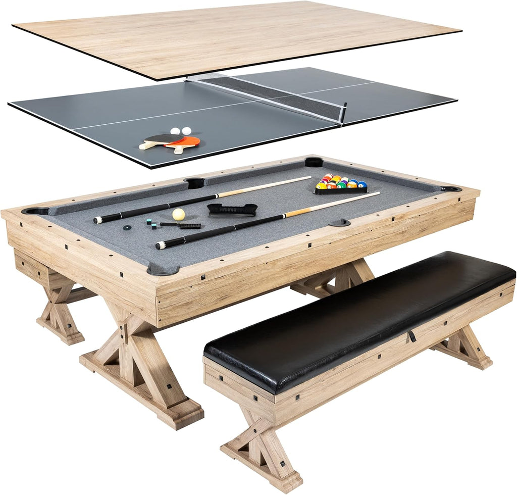 Rustic Oak 3 in 1 Multi Game Pool Table with Dining Top and Dual Storage Bench Seating C13443