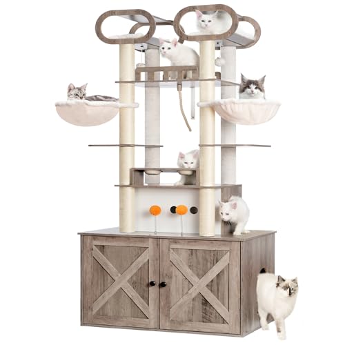 76.8-inch Wooden Cat Tree with Litter Box Enclosure and Scratching Post G229227