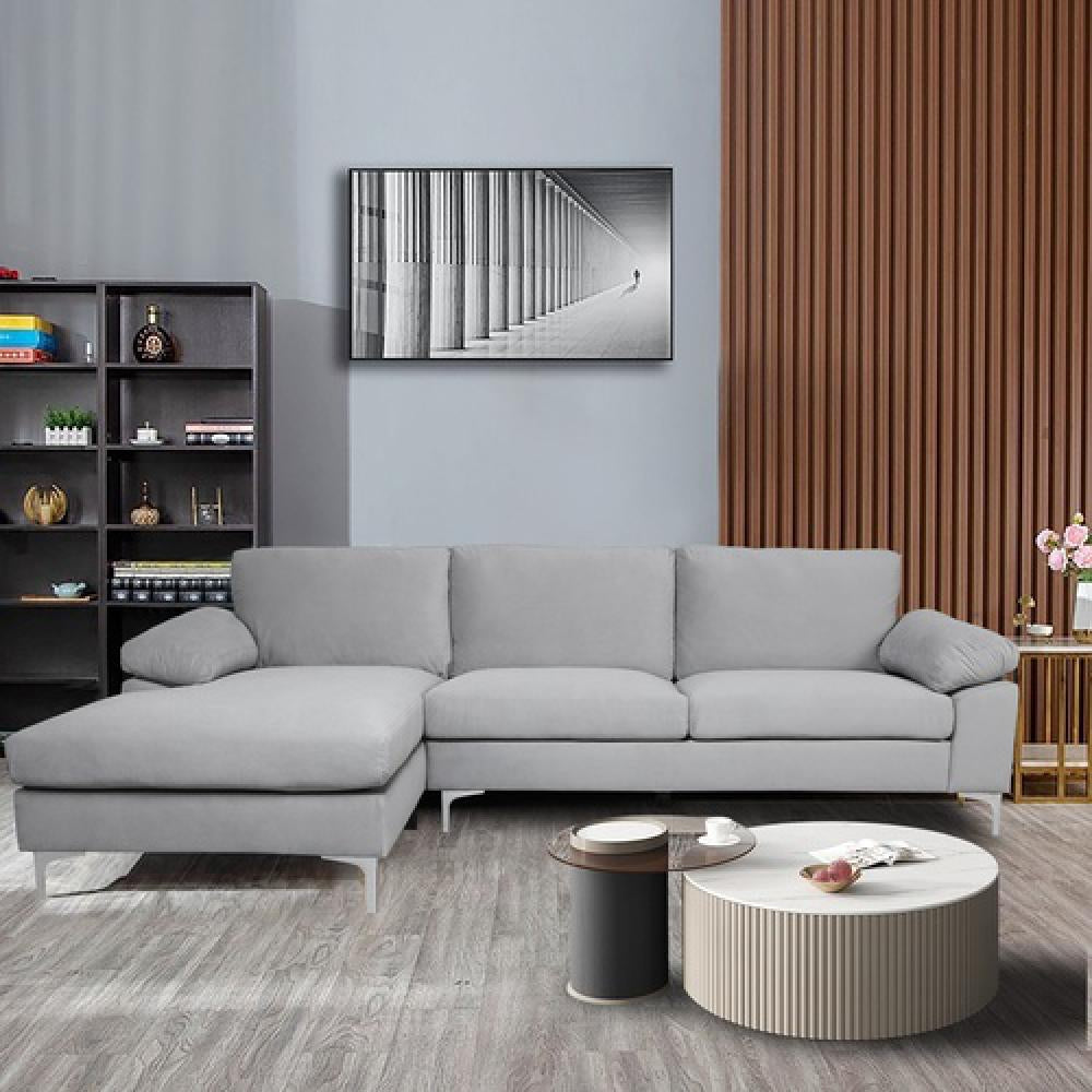 Gray Velvet L-Shape Sofa with Chaise Lounge H362316