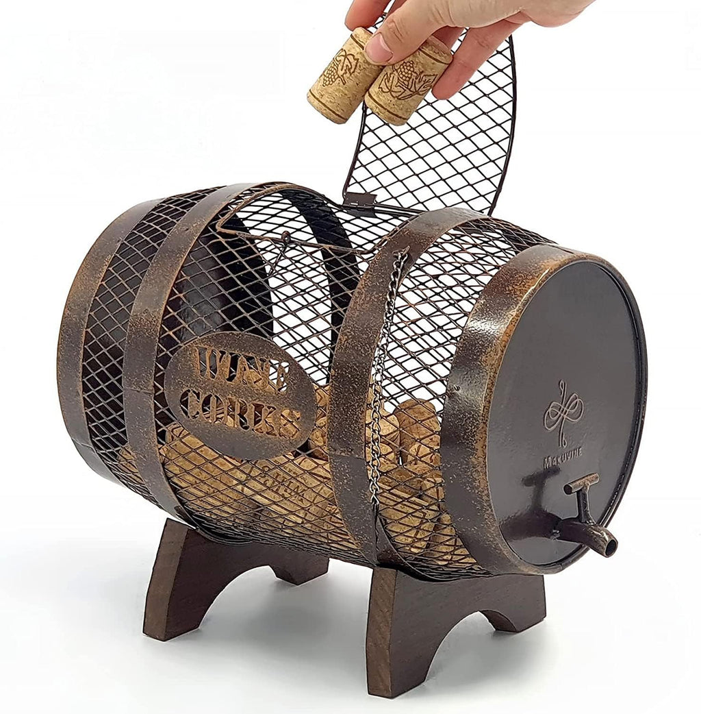 Rustic Metal Large Barrel Wine Cork Holder Display On Wooden Stand L42063