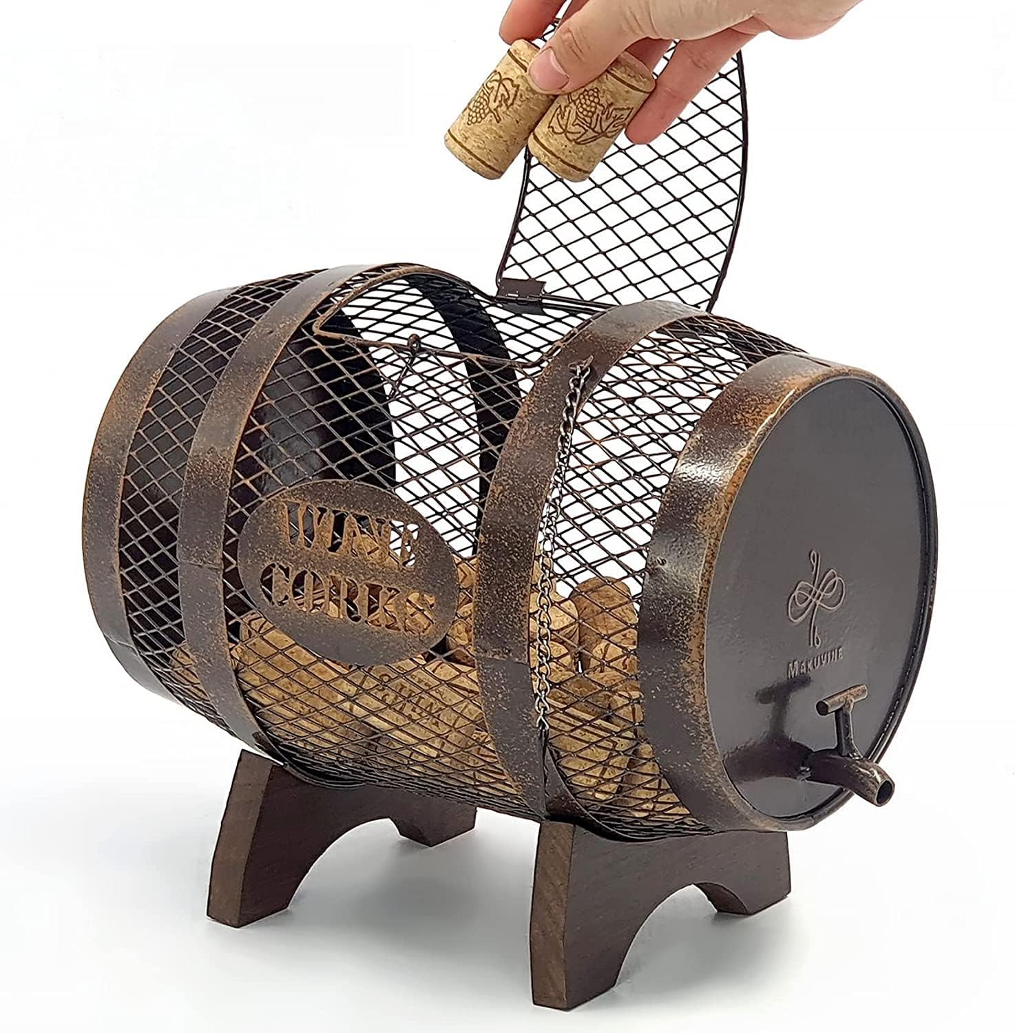 Rustic Metal Large Barrel Wine Cork Holder Display On Wooden Stand L42063