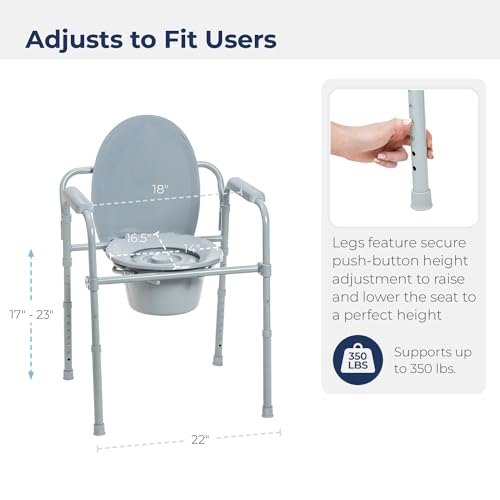Folding Steel Bedside Commode Chair with 7.5 Qt. Bucket, Grey R931