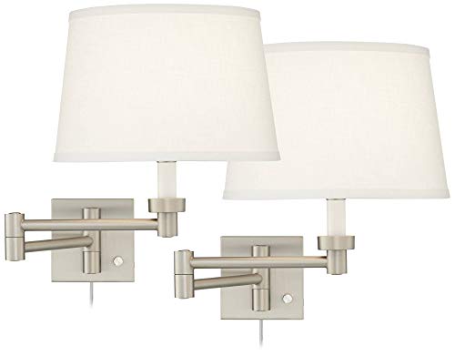 Brushed Nickel Swing Arm Wall Lamp with White Linen Shade O984934