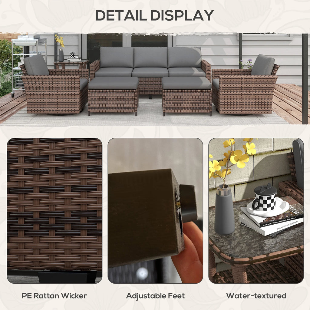 6pc Patio Furniture Set with Couch, Swivel Rocking Chairs, Brown A38731