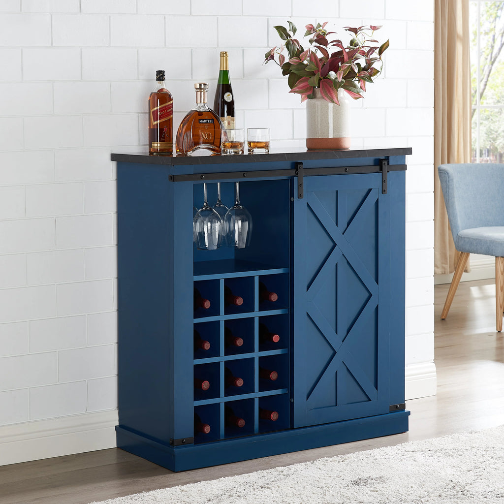 Navy Blue Wood Buffet Cabinet with Barn Door H847241