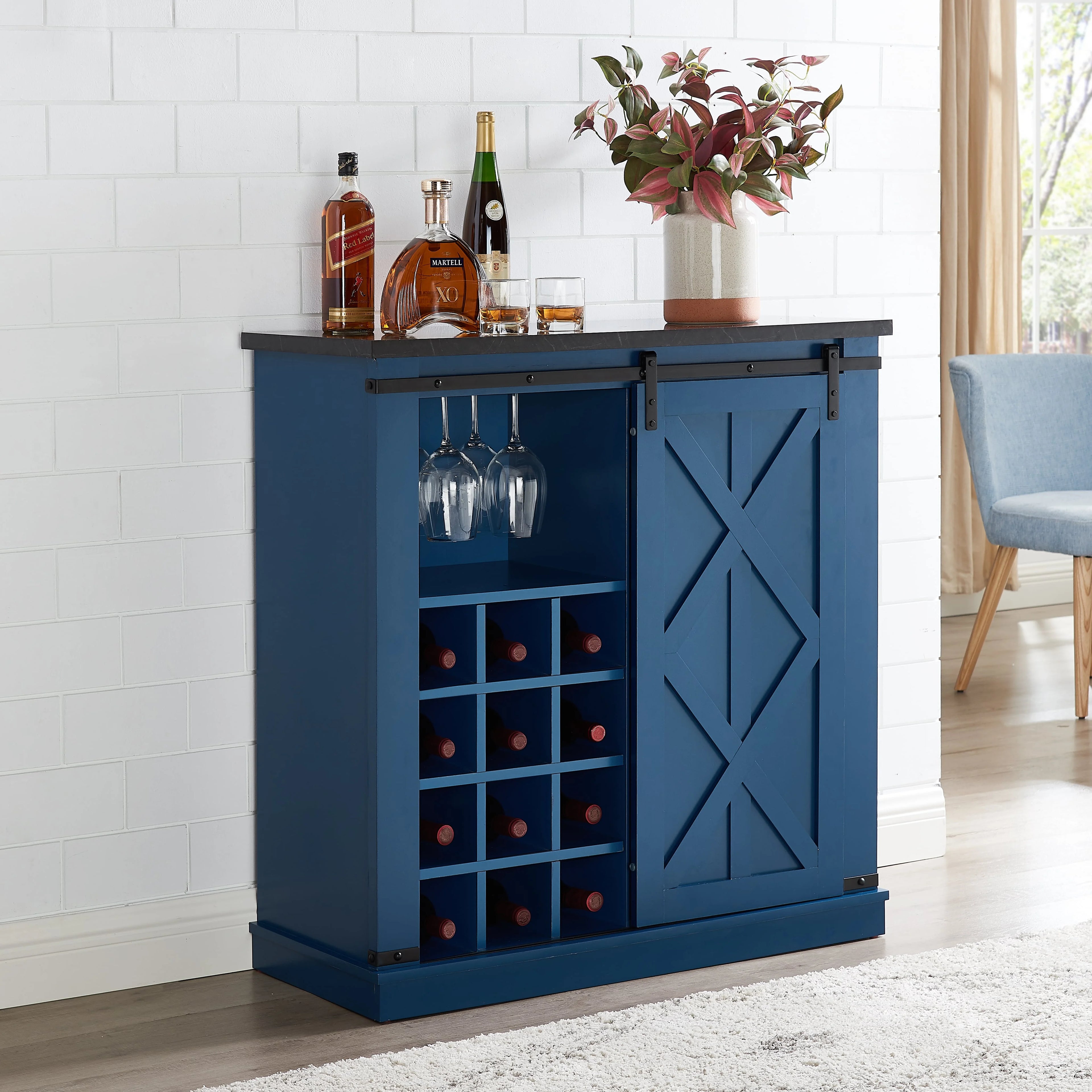 Navy Blue Wood Buffet Cabinet with Barn Door H847241