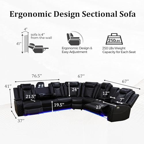 Cream White Leather Power Recliner Sectional Sofa with LED I680