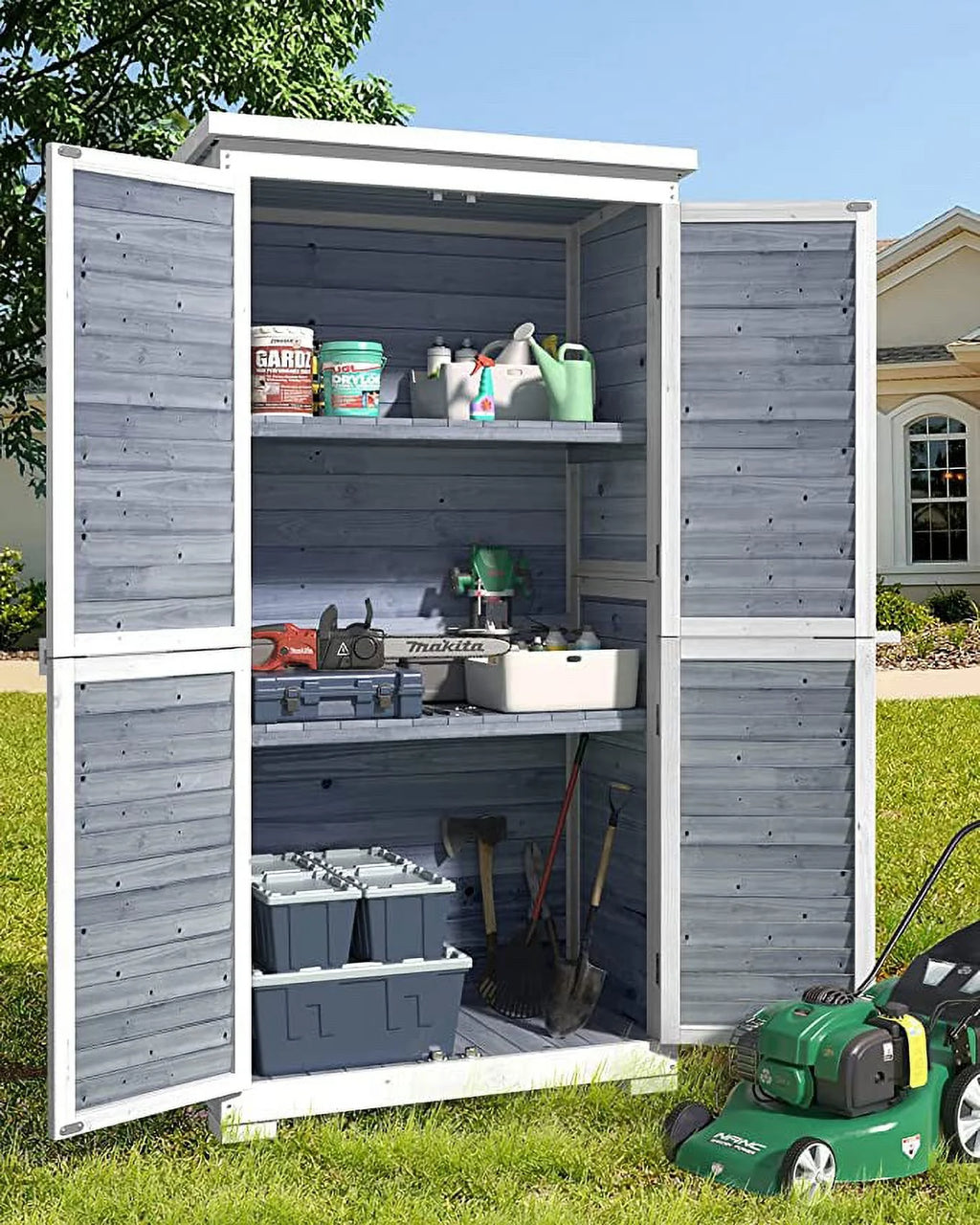 Gray Outdoor Storage Cabinet with Asphalt Roof Q836336