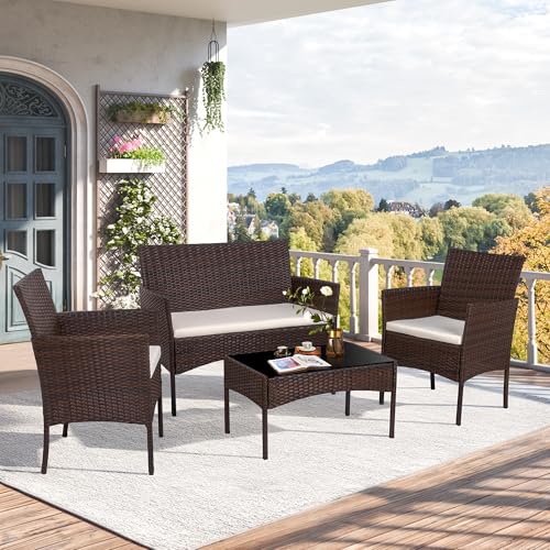 Black 4 Piece Wicker Patio Furniture Set with Tempered Glass Coffee Table Y700710