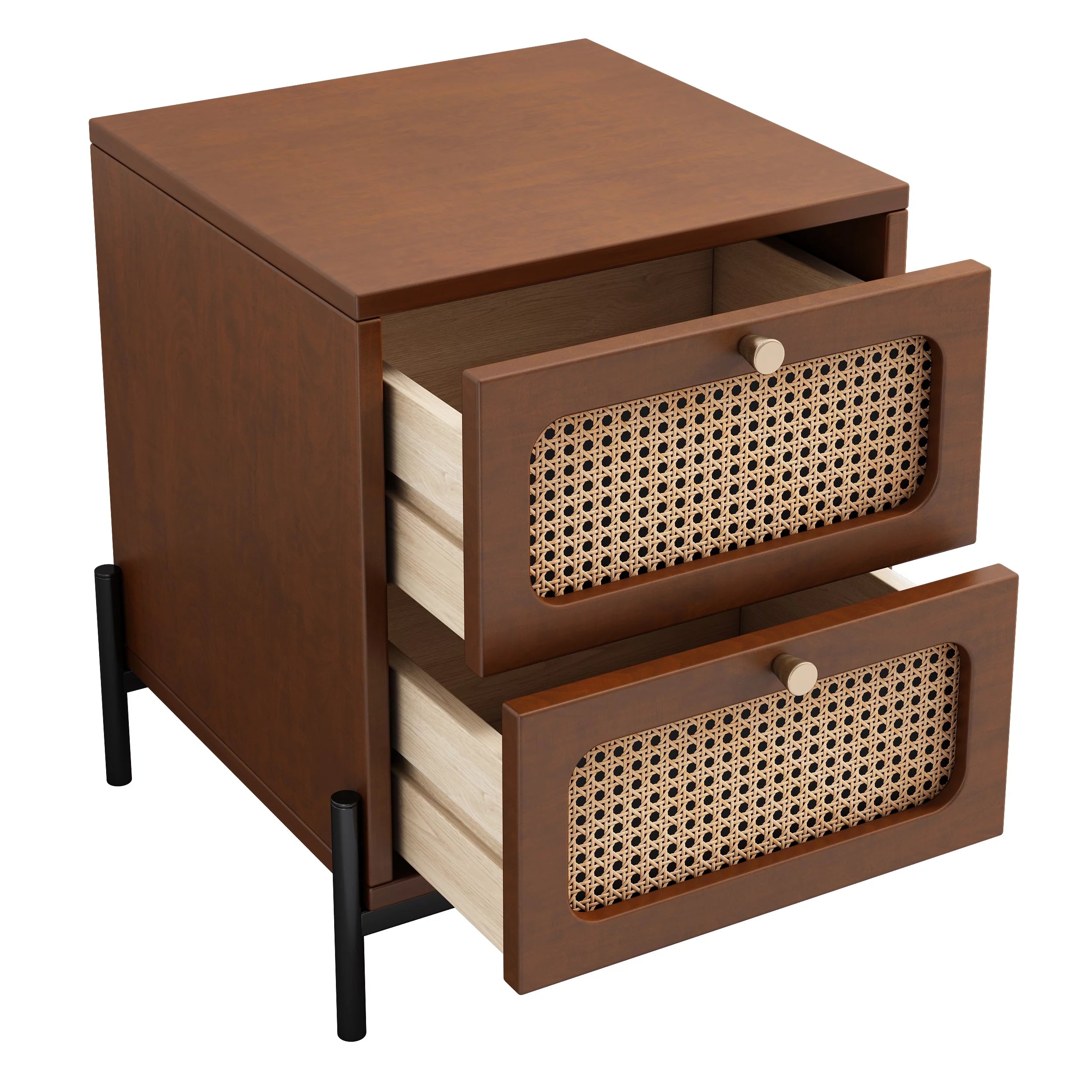 Walnut Rattan Wood 2-Drawer Side Table C290