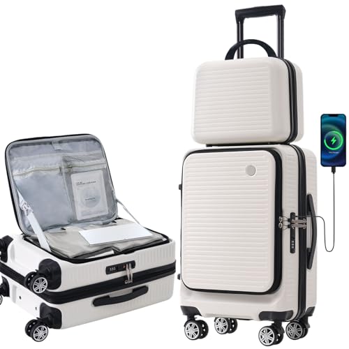 White 20 Inch Hardside Carry On Suitcase With Wheels Tsa Lock And Usb Port C4749