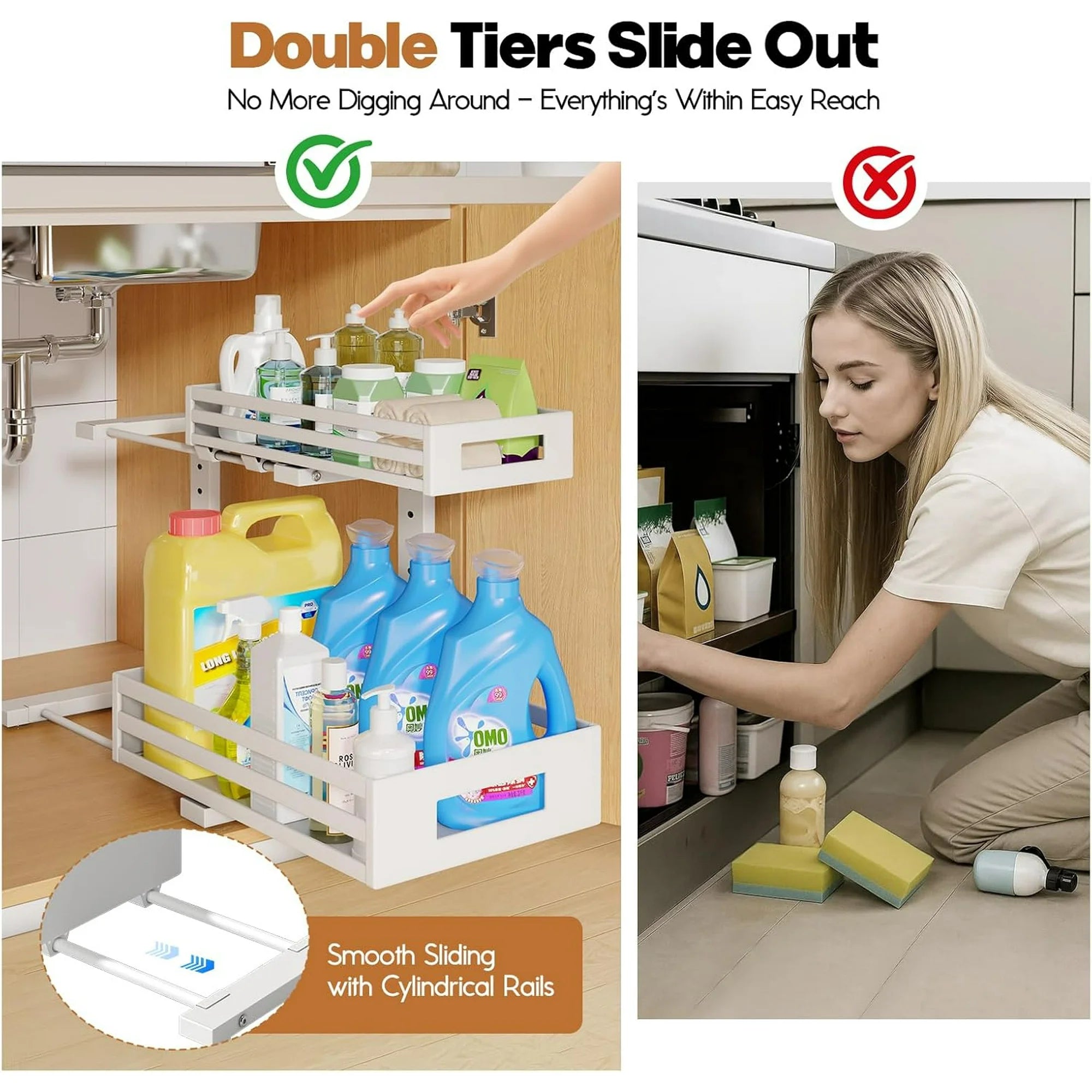 2-Pack 2-Tier L Shape Pull Out Cabinet Organizer With Round Tube Slide Rails, White S64866