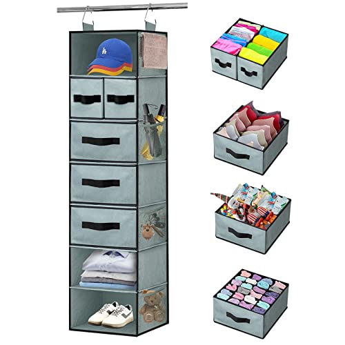 Gray 7-Shelves Hanging Closet Organizer with 5 Drawers and 8 Mesh Pockets M5460