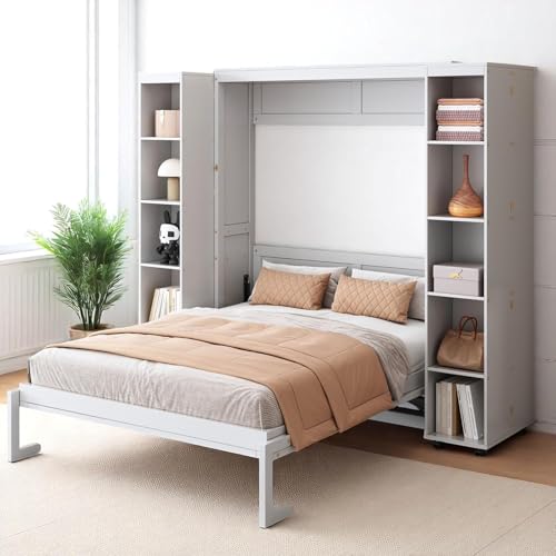 Wood White Queen Murphy Bed with Storage Shelves L259