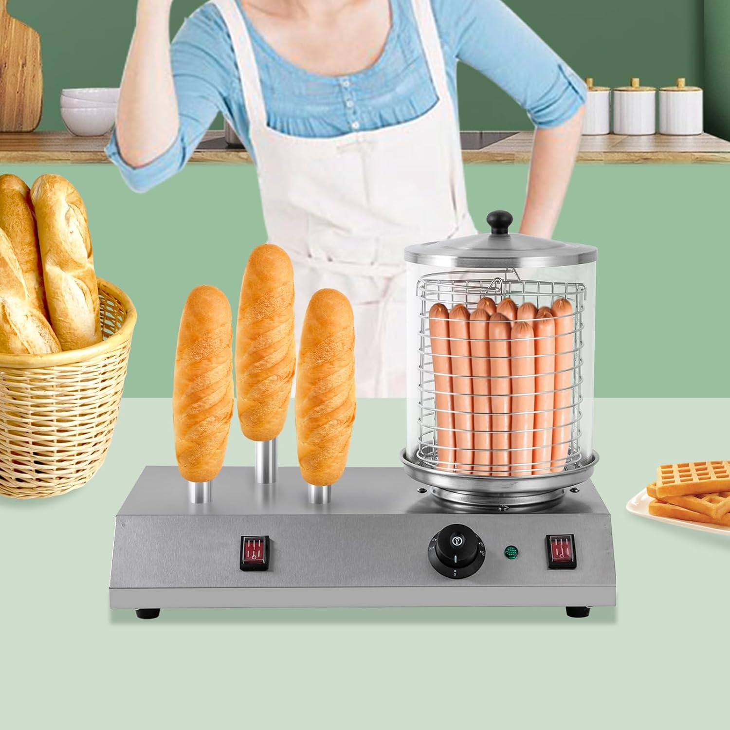 Electric Hot Dog Steamer & Bun Warmer Stainless Steel Portable Commercial 86-230℉ 19.72x10.94x14.57in G897