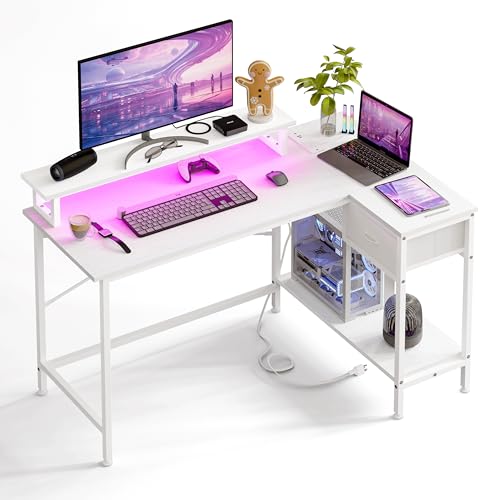 Rustic Brown L Shaped Computer Desk with Power Outlets and LED Lights and Drawer Y743