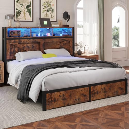 Full Size Bed Frame with Storage Bookcase Headboard and Drawers, RGB LED Lights, Vintage Brown I68269