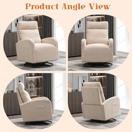 White Teddy Upholstered Swivel Rocking Nursery Chair with Side Pocket and High Backrest F36071