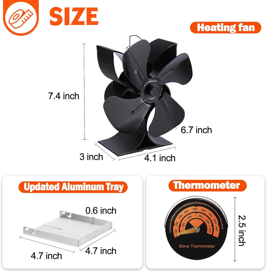 Non Electric Wood Stove Fan with Bracket & Thermometer M4363