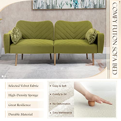 Beige Velvet Convertible Futon Sofa Bed with 2 Pillows Q4414