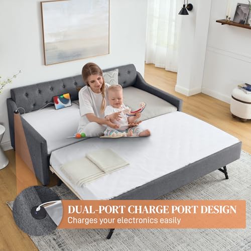 Beige Twin Daybed with Pop Up Trundle, Upholstered Sofa Bed Frame with Button Tufting Linen Trim, Wood Slats V917