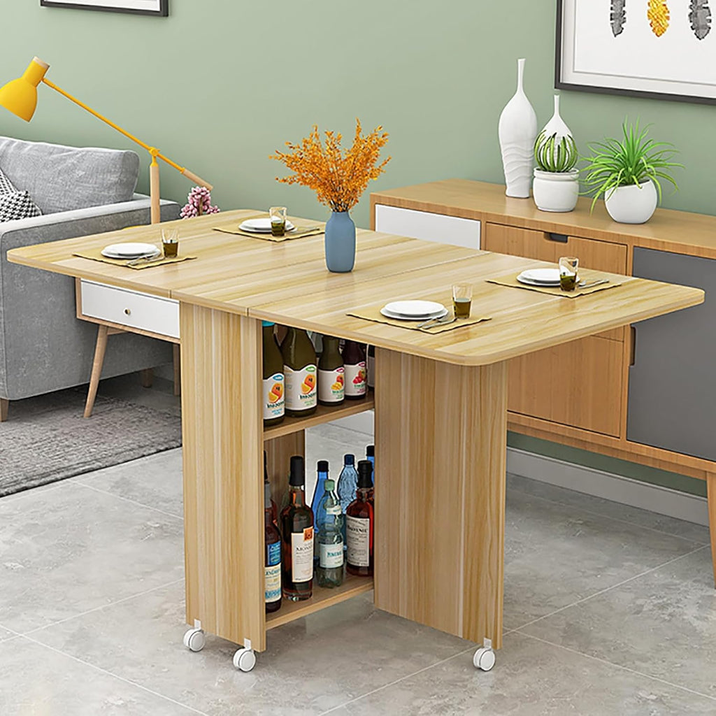 Extendable Drop Leaf Folding Dining Table with 8 Wheels and 2-Layer Storage Shelf G564