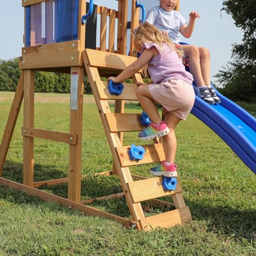 Green Wooden Swing Set with Two Belt Swings and 6 ft Slide W3909