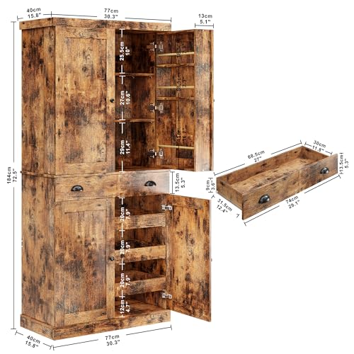 White 72" Tall Kitchen Pantry Cabinet with Sliding Storage Rack and 6 Hanging Shelves E202852