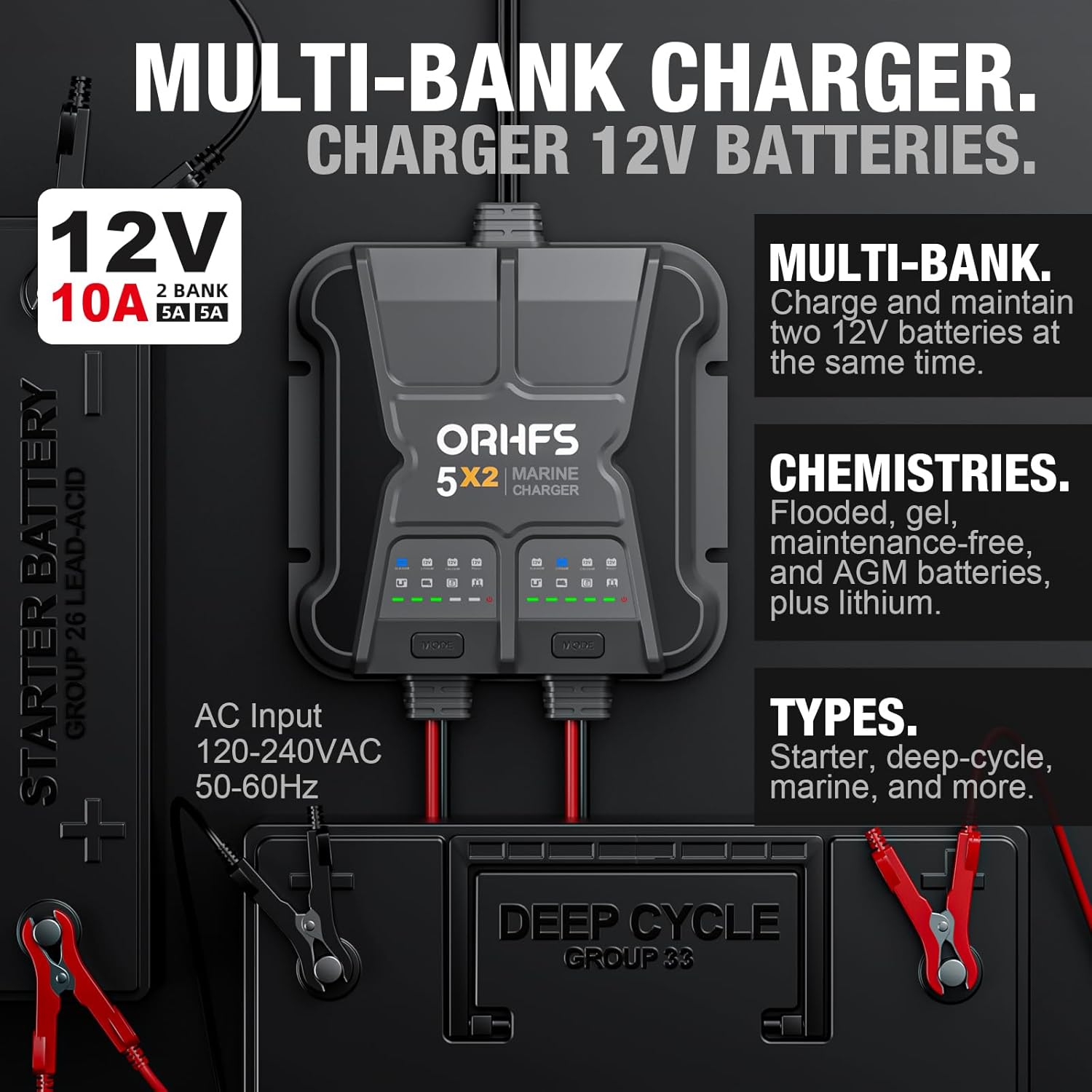 2-Bank 10A Smart Marine Battery Charger 12V Waterproof Onboard for SLA/AGM Lithium W71759