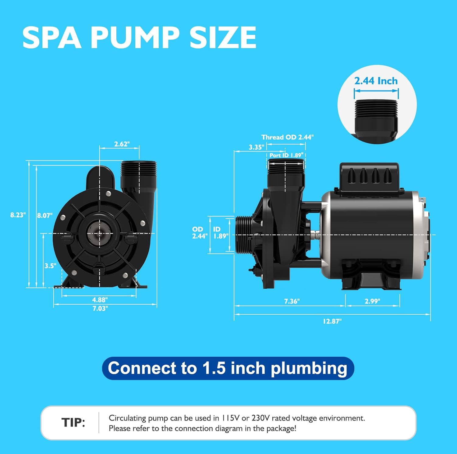 0.25HP Single Speed Hot Tub Circulating Pump, 1.5" Port P1496
