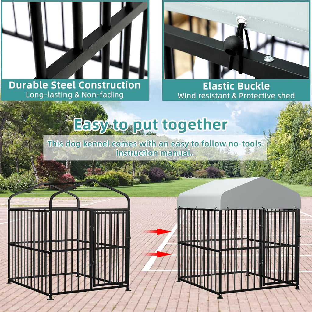 Large Outdoor Metal Dog Kennel with Top Cover, 4'L x 4'W x 5'H H577422