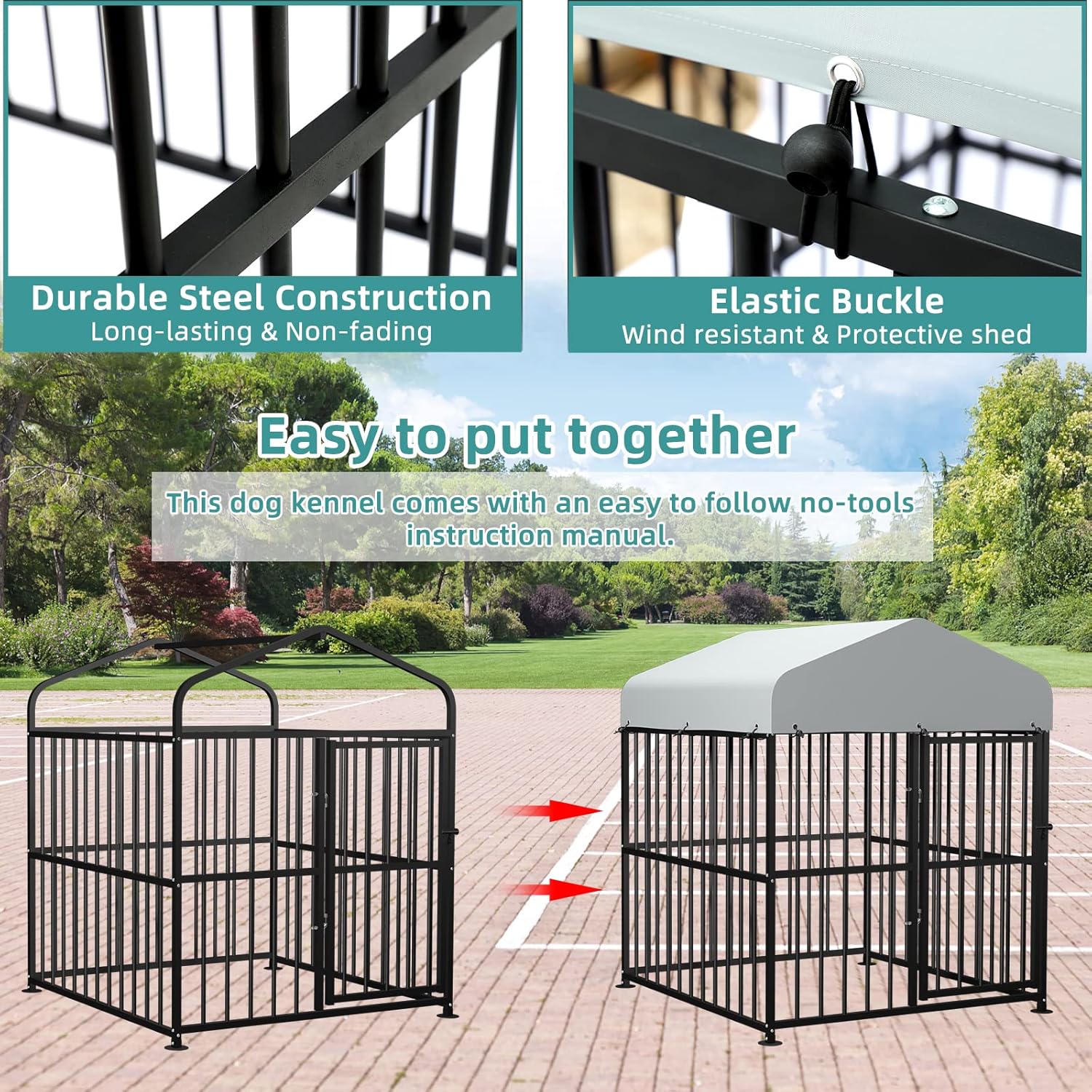 Large Outdoor Metal Dog Kennel with Top Cover, 4'L x 4'W x 5'H H577422