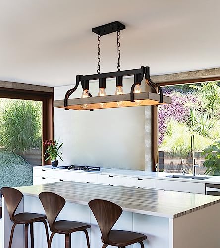 Black and Retro Wood Finish 4-Light Linear Chandelier B39300
