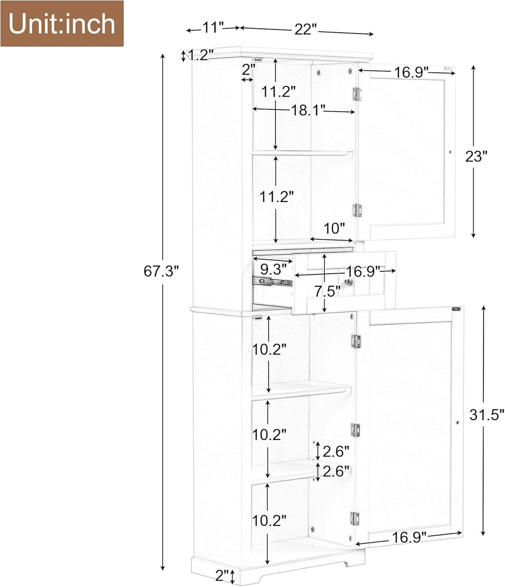 White Tall Linen Bathroom Storage Cabinet with 2 Doors and 1 Drawer L846932