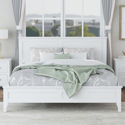 White Queen Wood Platform Bed Frame with Headboard N145