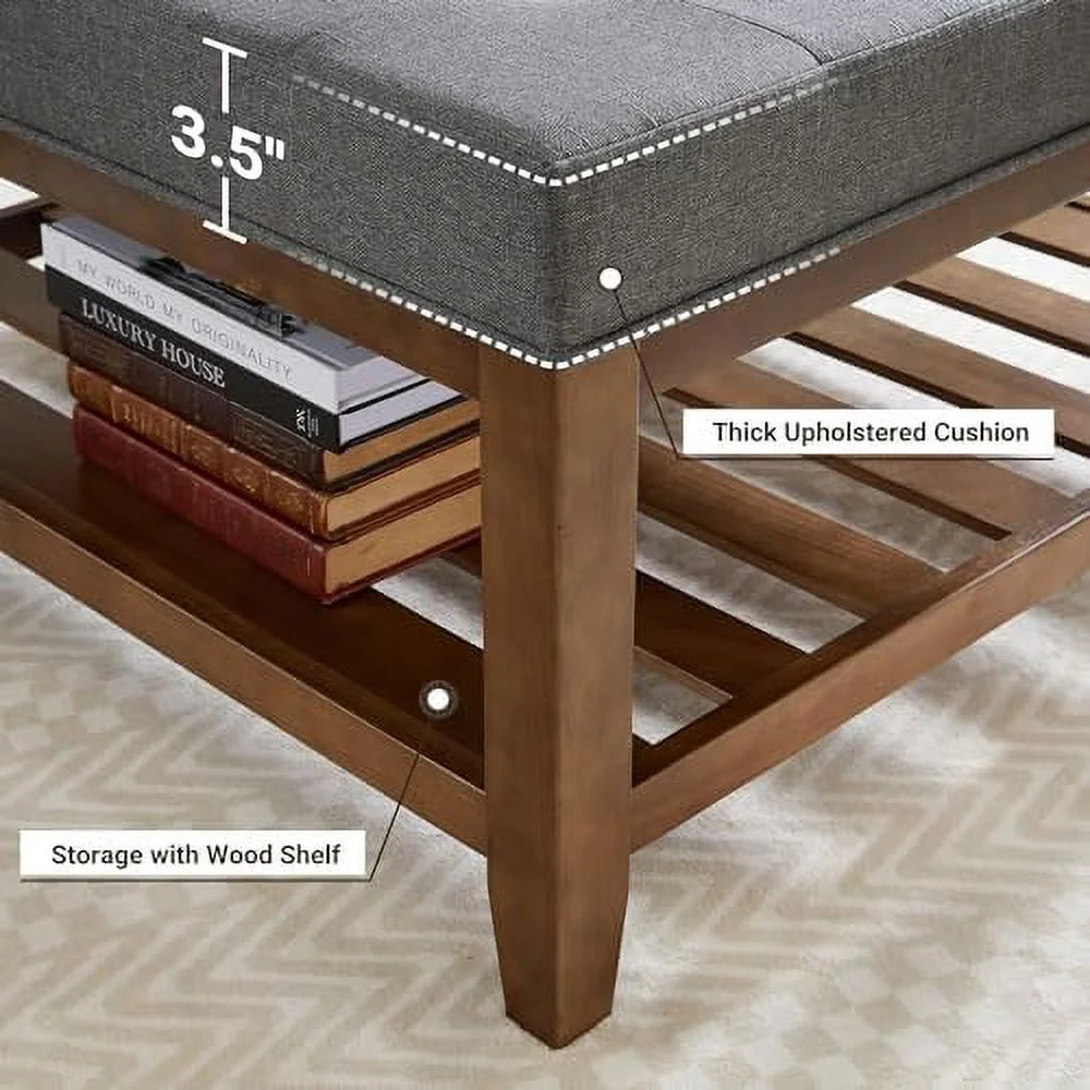 Square Ottoman Coffee Table with Button Tufted Upholstered Linen Wooden Stool Footrest Light Be B366277