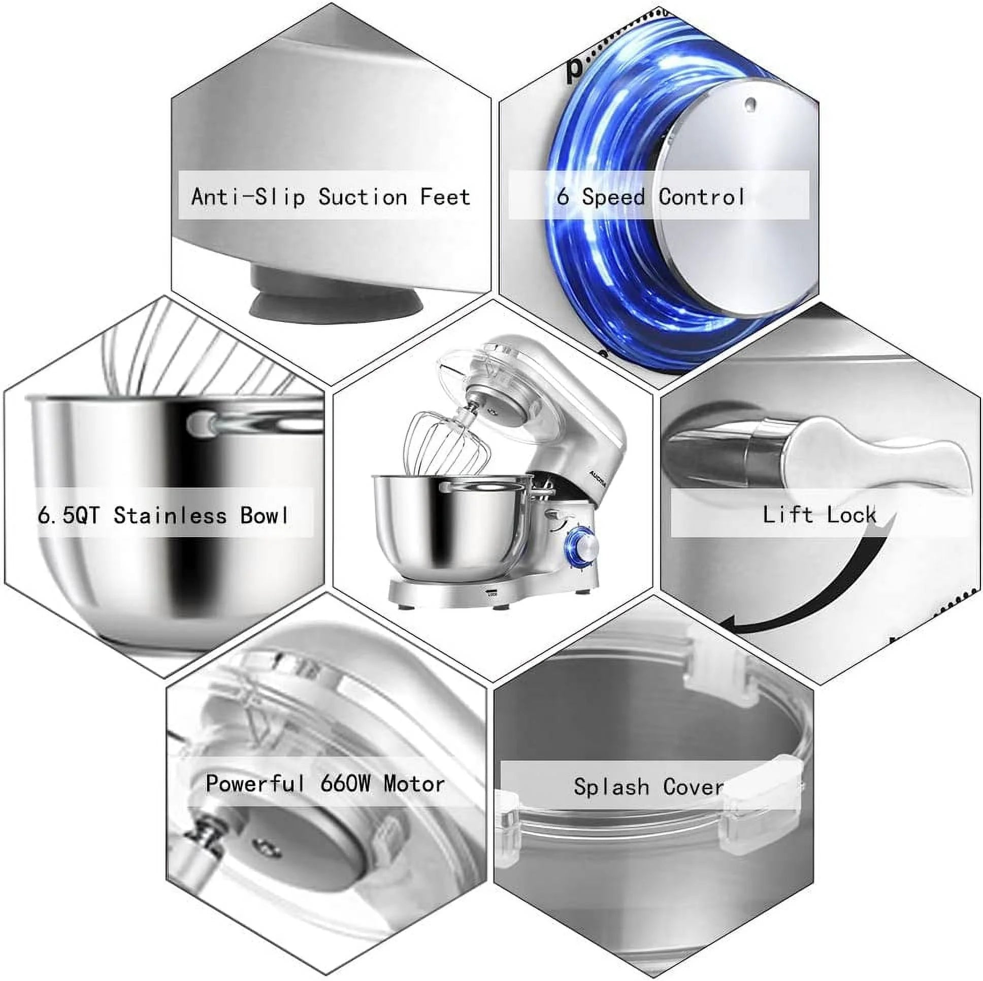 6.5-QT 660W 6-Speed Tilt-Head Stand Mixer with Dough Hook Wire Whip Beater Blue D835266